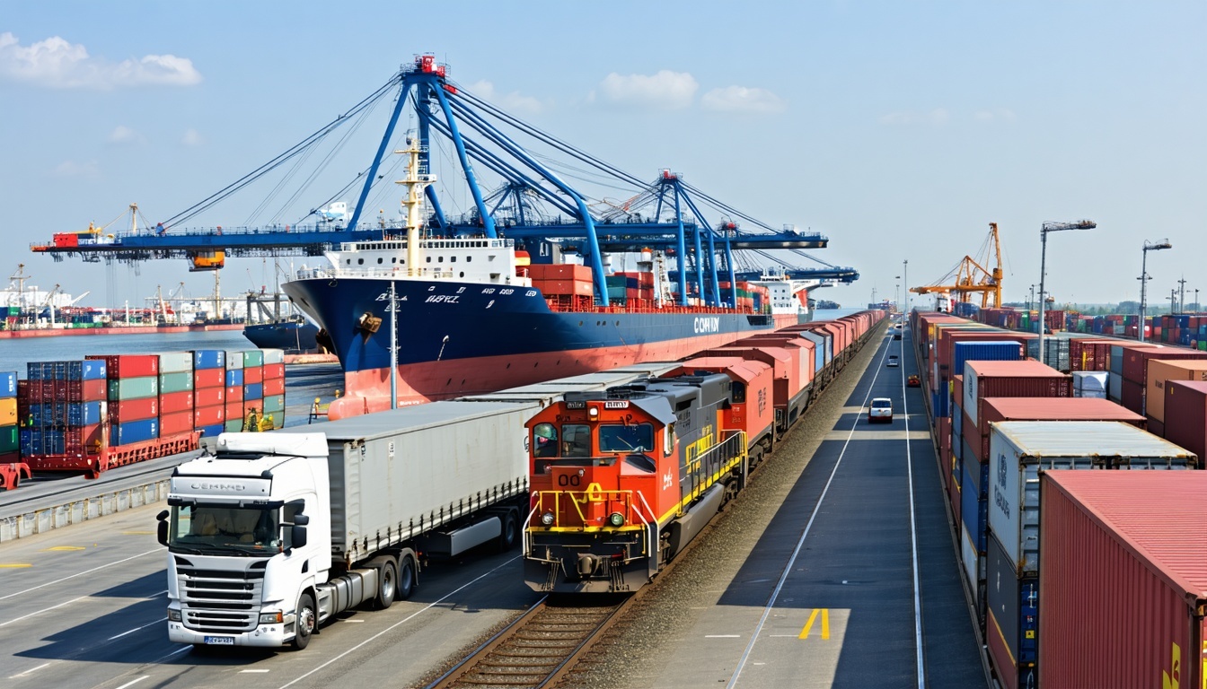A bustling port with trucks, trains, and ships wor