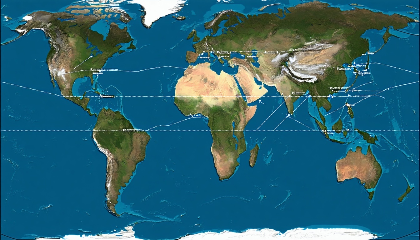 A visual of the earth with lines connecting coasta
